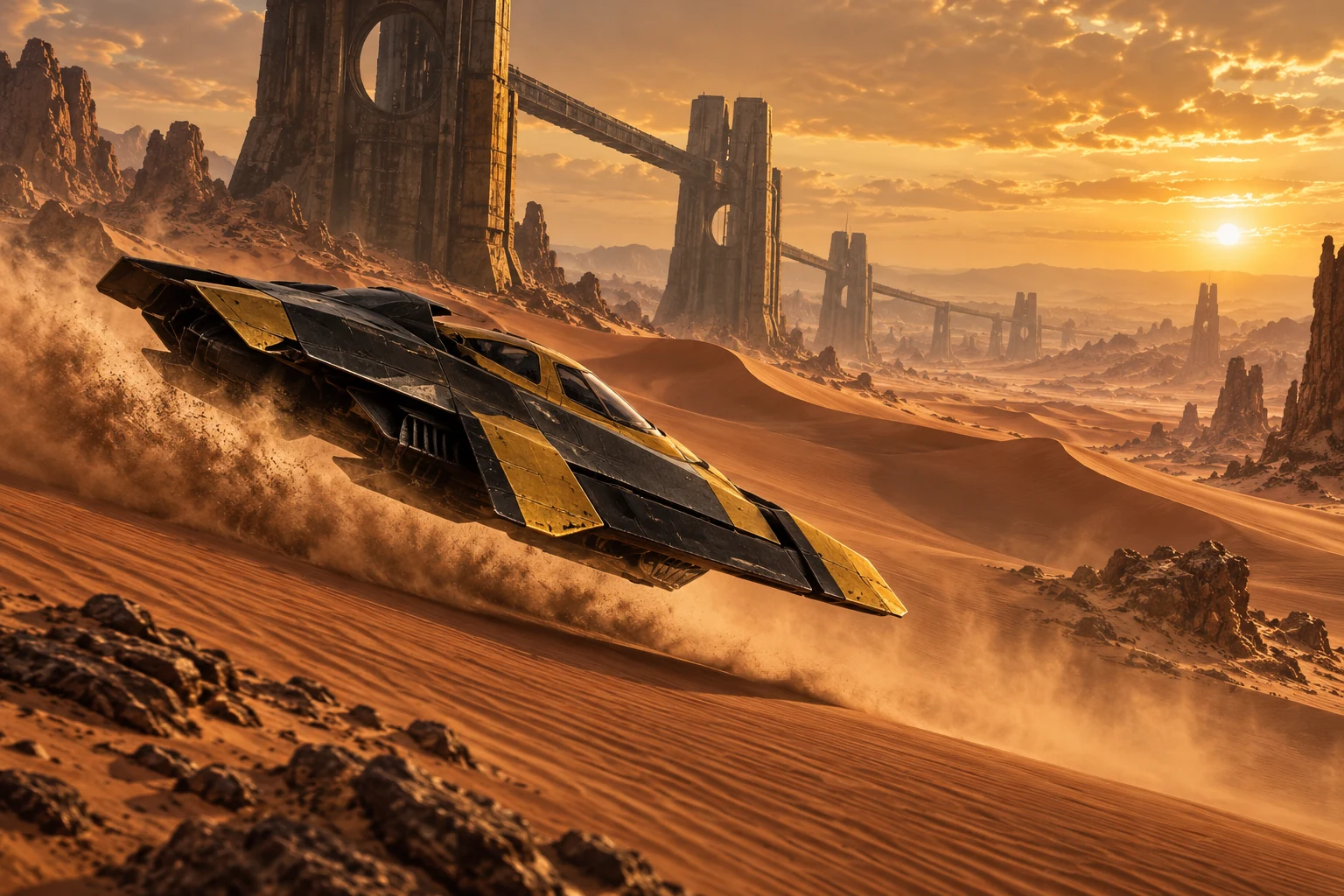 黑金飞行器驶过红色沙丘与工业塔